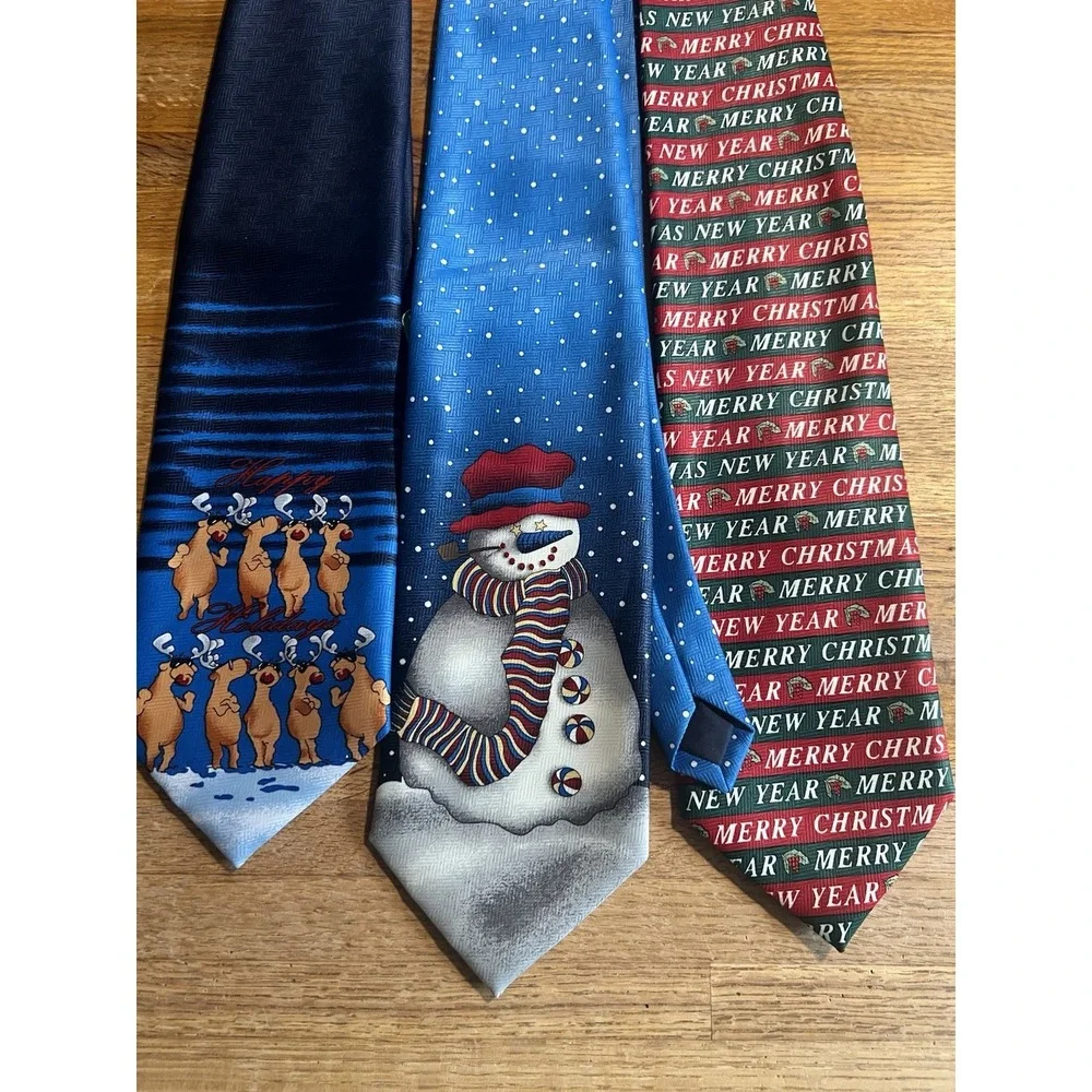 Lot Of 3 Men‎ Tie Christmas Holiday Snowman Reindeer Holly Polyester Neckties